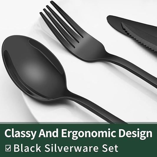 EWFEN 24-Piece Black Silverware Set with Steak Knives, Flatware for 4, Food-Grade Stainless Steel Tableware Cutlery Set, Mirror Finished Utensil Sets Home Restaurant