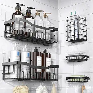 Adhesive Shower Caddy, 5 Pack Rustproof Stainless Steel Bath Organizers With Large Capacity, No Drilling Shelves for Bathroom Storage & Home Decor-XL Size
