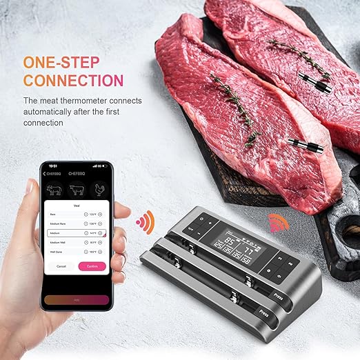 Wireless Smart Meat Thermometer with Dual-Sensor Probe, 500FT Remote Monitoring, Dedicated App, Real-Time Ambient and Food Temperature Tracking for Precise Cooking Control