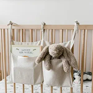 Linen Baby Bedside Hanging Storage Bag,2 Pockets Organizer for Baby Cribs and Toys (Burlywood)